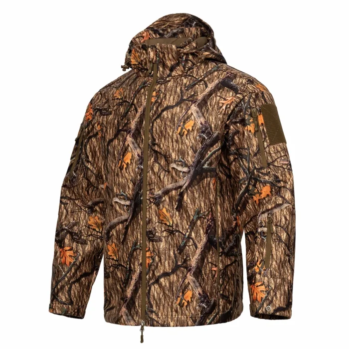 Close up details of softshell hunting jacket pockets and hem construction, providing practical storage and adjustable fit for outdoor hunting and tactical movement.