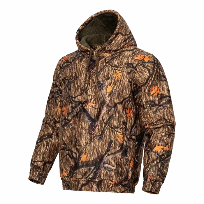 Close up details of fleece hunting hoodie pocket and cuff design, offering practical storage and comfortable fit for hunting, camping and outdoor wear.