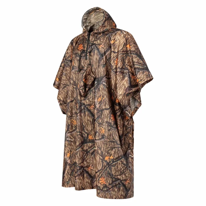 Wearing view of hunting raincoat poncho with camouflage pattern, offering full body rain coverage and suitability for wet weather hunting and field use.