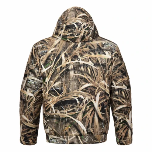 Back view of camouflage hunting jacket showing full coverage camo pattern and hooded structure, designed for outdoor hunting apparel and professional outdoor clothing suppliers.