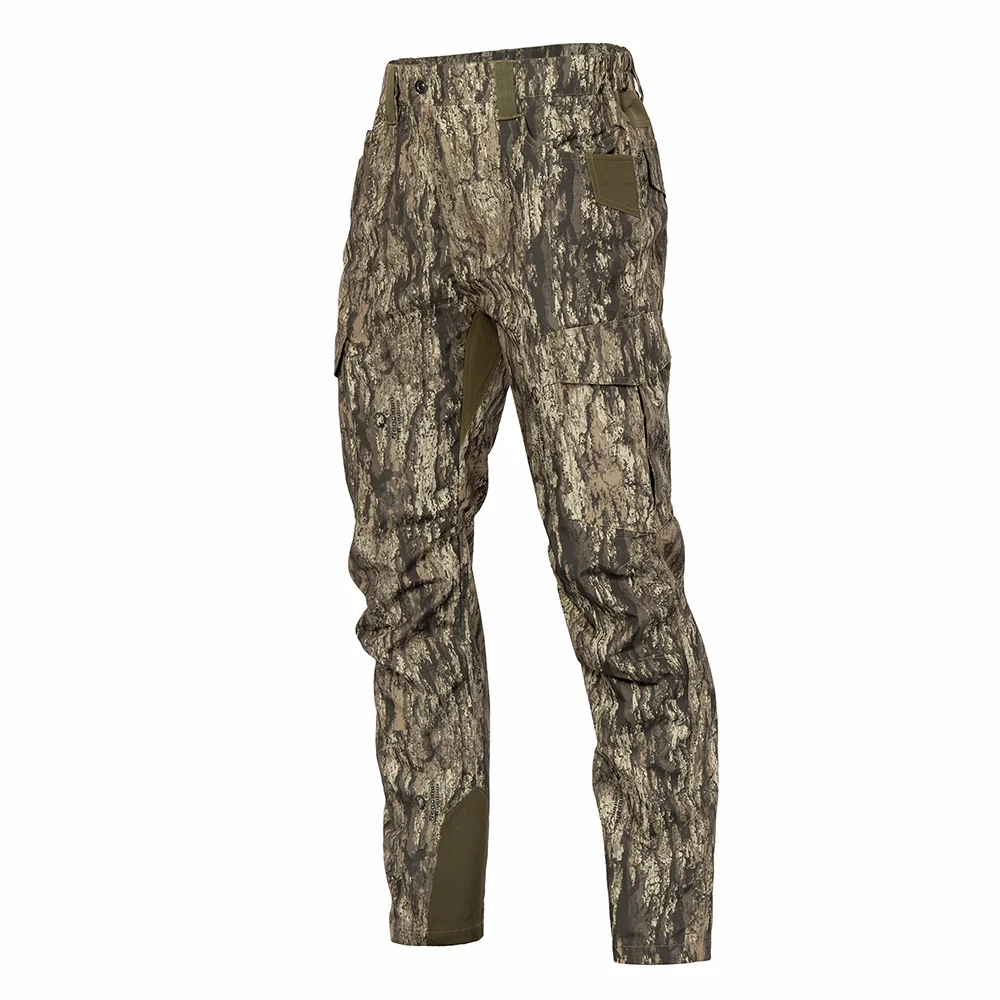 Detail view of hunting pants featuring reinforced knee panels and secure pocket construction for enhanced durability in demanding outdoor conditions.