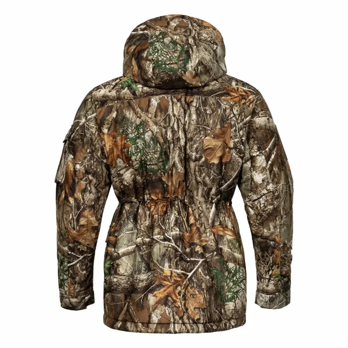 Back view of insulated hunting jacket showing full coverage camouflage pattern and padded construction, designed to provide warmth and protection in cold weather hunting environments.