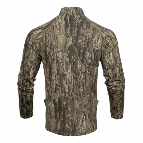 Back view of a hunting shirt with all-over camouflage pattern, designed for quiet movement and breathability during hunting and outdoor activities.