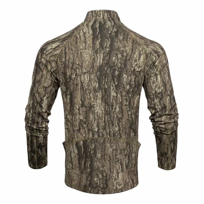 Back view of a hunting shirt with all-over camouflage pattern, designed for quiet movement and breathability during hunting and outdoor activities.