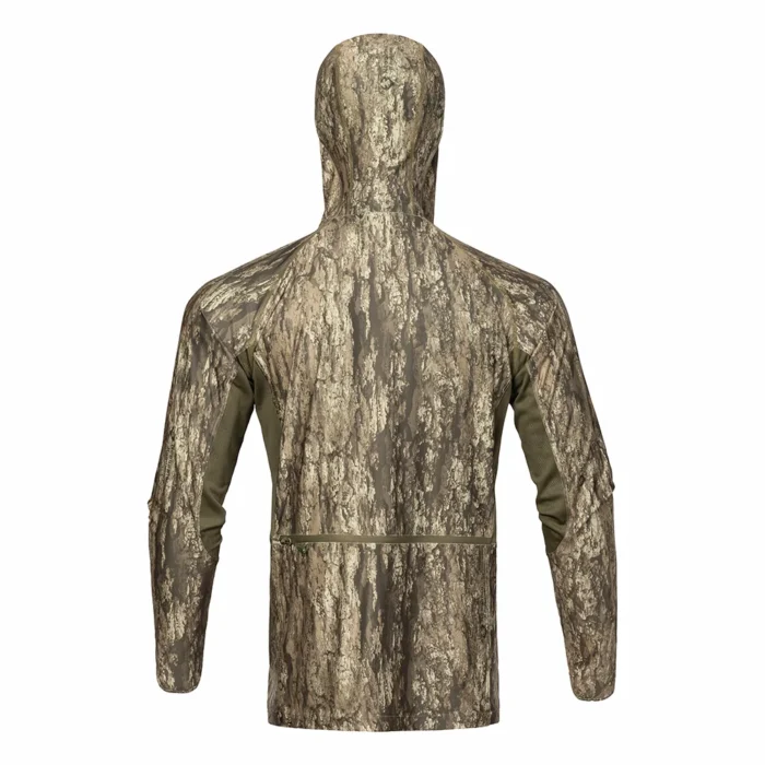 Back view of a hunting hoodie with full camouflage coverage, designed for quiet movement and effective concealment in woodland hunting environments.