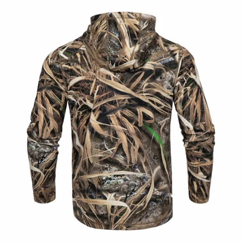 Back view of a hunting hoodie featuring full camouflage coverage, suitable for woodland hunting and outdoor concealment applications.