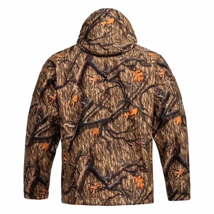 Back view of softshell hunting jacket showing full camouflage coverage and streamlined fit, designed for mobility and comfort during hunting and outdoor activities.