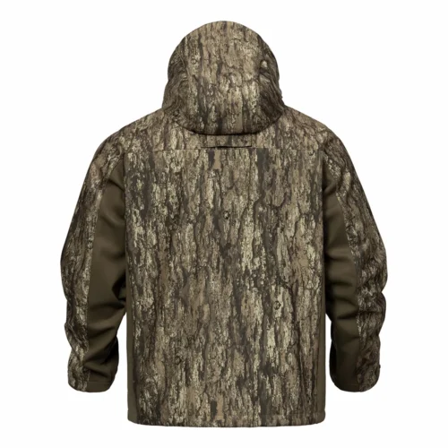 Back view of softshell hunting jacket showing full camouflage coverage and ergonomic construction, designed for mobility and comfort during hunting activities.
