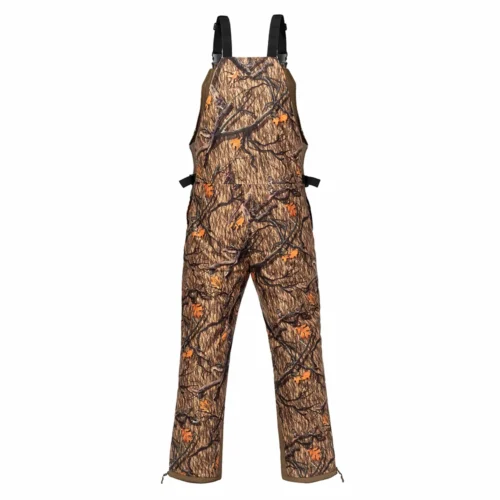 Back view of hunting overalls featuring full camouflage coverage and durable fabric, suitable for extended outdoor hunting and field use.