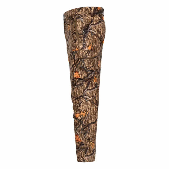 Side view of insulated hunting pants highlighting ergonomic cut and functional cargo pockets, suitable for carrying gear in cold hunting environments.
