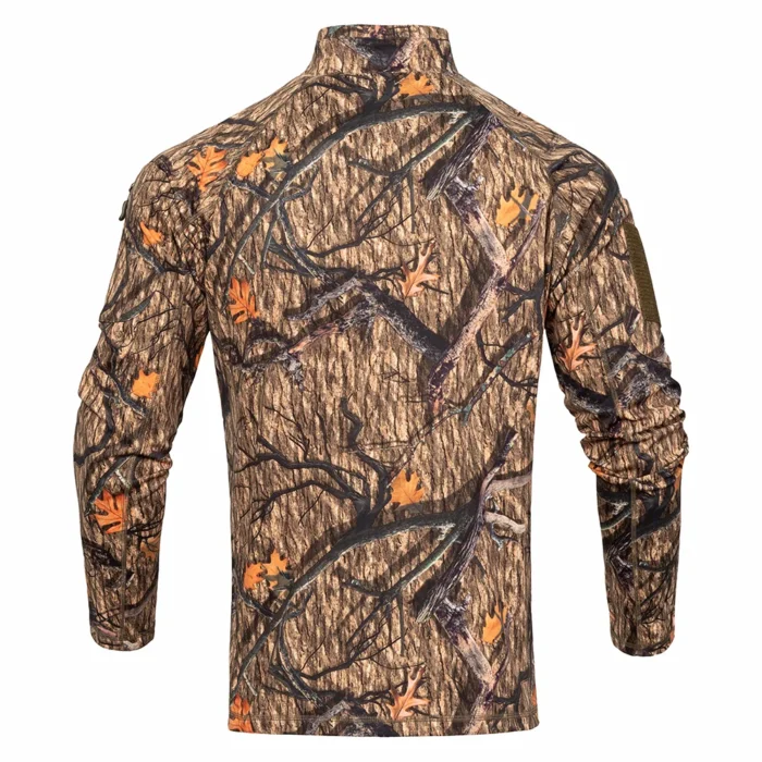 Back view of hunting shirt with full camouflage print, providing effective concealment in woodland and forest environments.