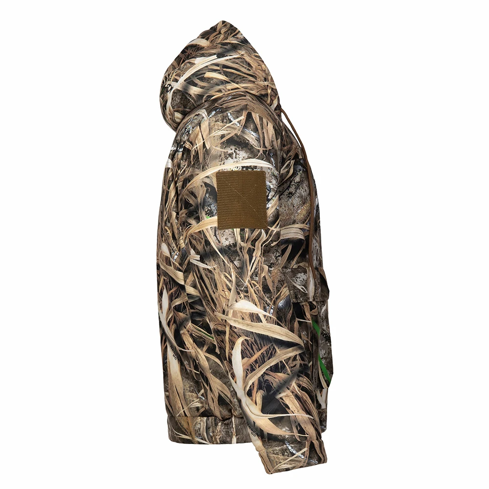 Side view of hunting jacket highlighting sleeve patch area and camouflage fabric, suitable for logo customization and OEM hunting jacket production.