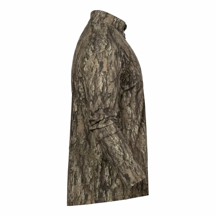 Side view of a camouflage hunting shirt showing ergonomic cut and flexible fabric, ideal for active hunting, trekking, and outdoor performance use.
