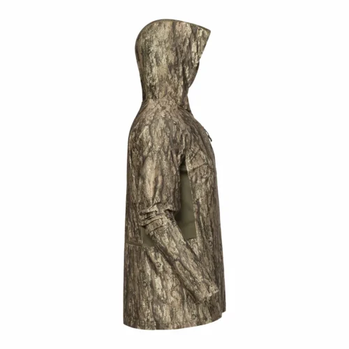 Side view of a camouflage hunting hoodie showing ergonomic fit and flexible construction, suitable for active hunting and outdoor performance use.