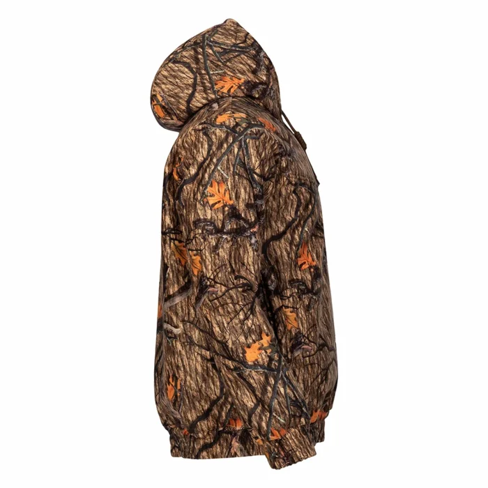 Detailed view of fleece hunting hoodie hood and drawstring construction, designed to improve fit and warmth during hunting and outdoor activities.