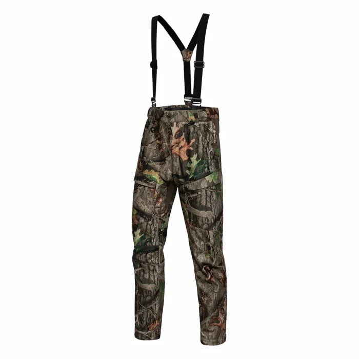 Full view of camouflage softshell hunting pants made with windproof and water-resistant fabric, ideal for hunting brands and OEM production.