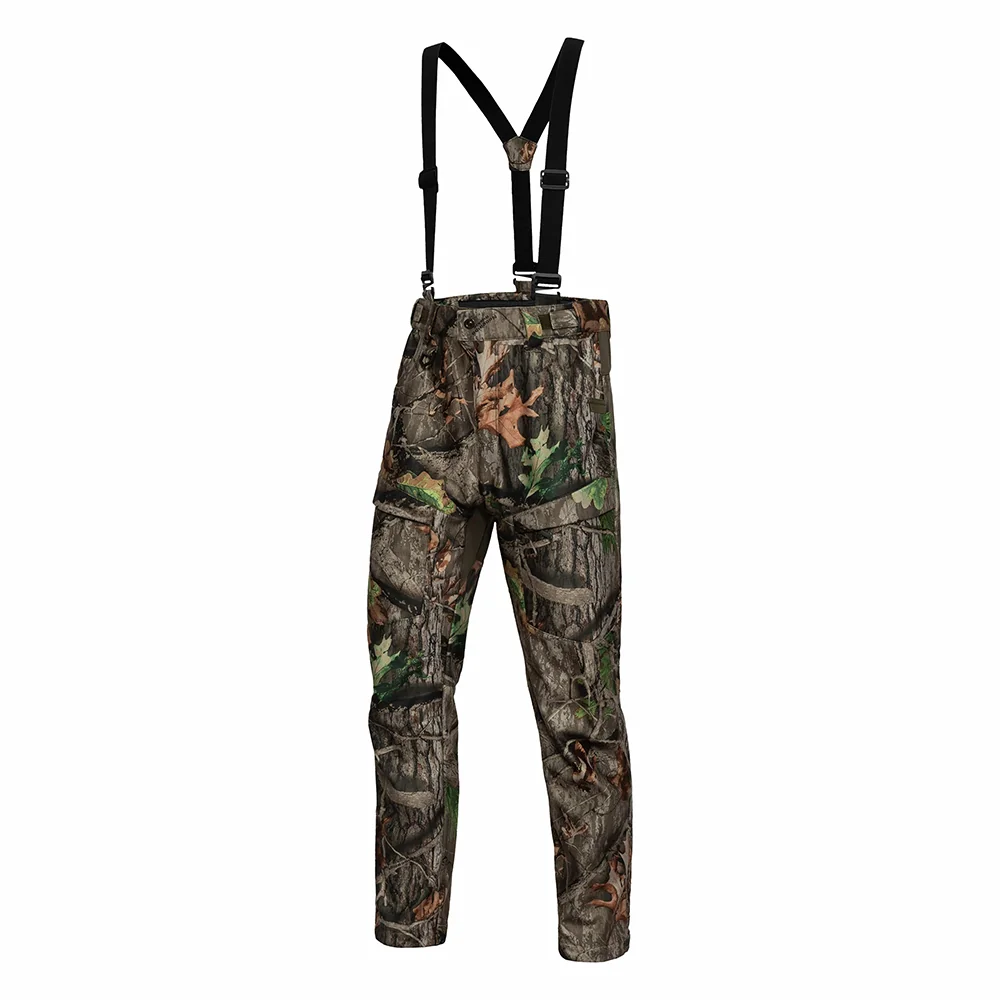 Full view of camouflage softshell hunting pants made with windproof and water-resistant fabric, ideal for hunting brands and OEM production.