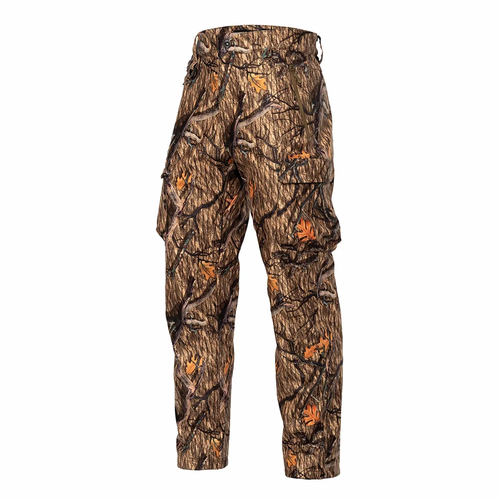 Detail view of insulated hunting pants featuring zippered pocket and reinforced panels, enhancing durability and practicality for winter hunting use.