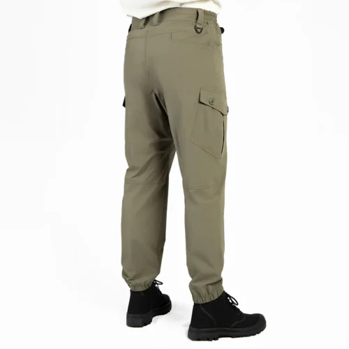 Back view of lightweight tactical pants in army green, featuring clean rear pocket design and durable lightweight fabric for outdoor, security and tactical applications.