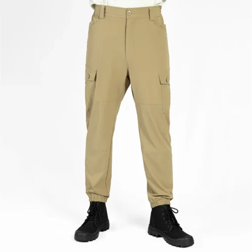 Front view of lightweight tactical pants in khaki color, featuring slim fit design, reinforced knees and functional cargo pockets, suitable for tactical, outdoor and work applications.