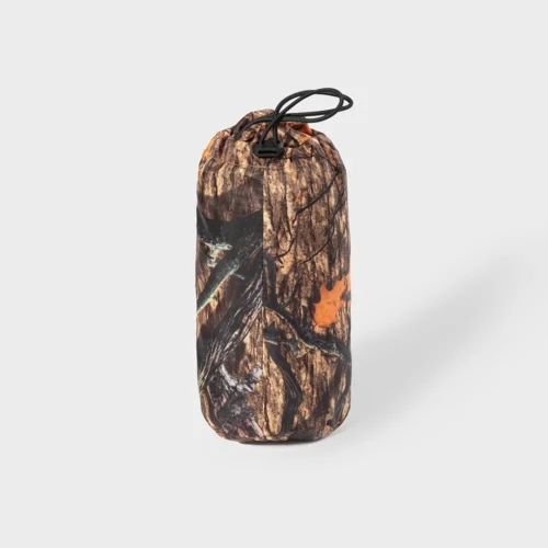 Packable hunting raincoat stored in compact drawstring bag, designed for easy carrying and quick deployment during outdoor hunting and travel.