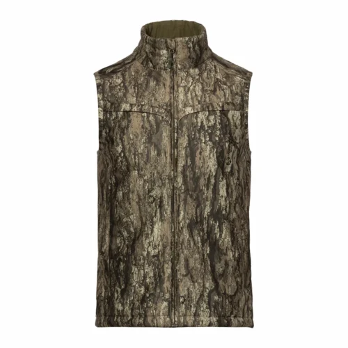 Front view of camouflage hunting vest featuring lightweight construction, silent fabric and full-zip design for outdoor hunting and stalking.