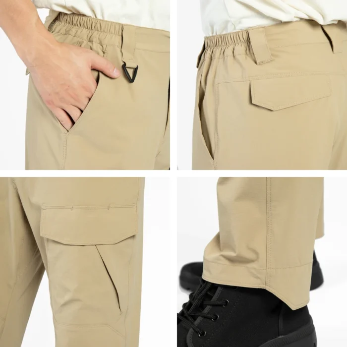 Close-up detail of lightweight tactical pants showing functional utility pockets, elastic waistband, and reinforced stitching for durability in tactical and outdoor use.