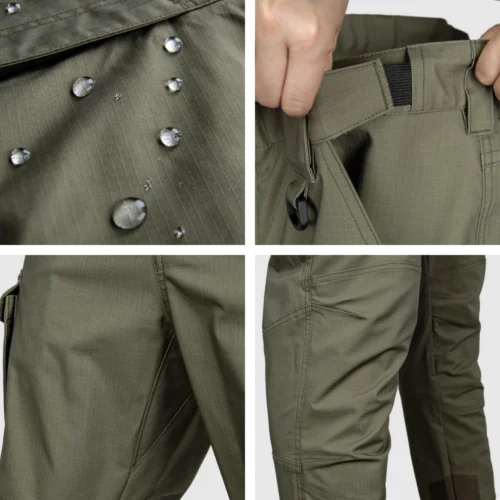 Close-up detail of tactical cargo pants showing durable fabric, reinforced seams and practical pocket design for demanding field use.