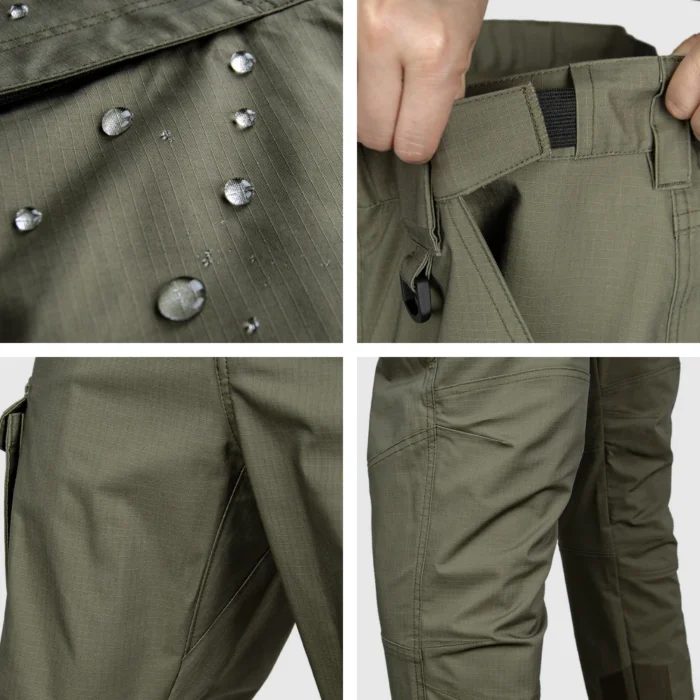 Close-up detail of tactical cargo pants showing durable fabric, reinforced seams and practical pocket design for demanding field use.