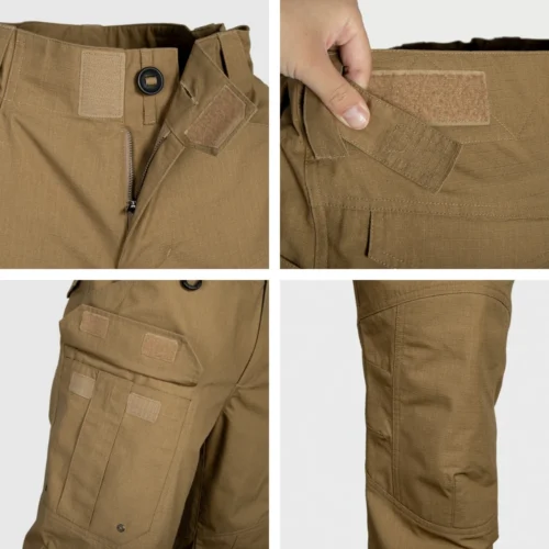Close-up detail of tactical work pants showing reinforced waistband, secure closure and functional pocket design for demanding work environments.