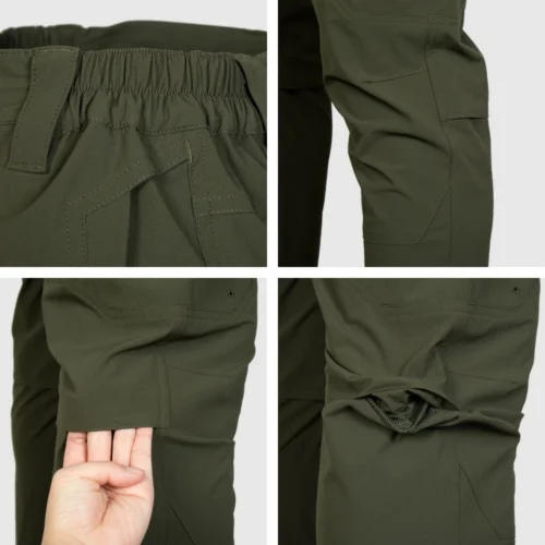 Close-up detail of lightweight tactical pants showing elastic waistband, reinforced stitching, and functional cargo pocket construction for mobility and durability.