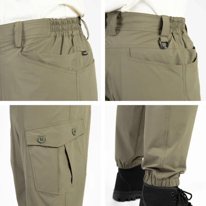 Detail view of lightweight tactical pants showing elastic waistband, reinforced stitching and functional cargo pockets for enhanced comfort and durability in tactical use.