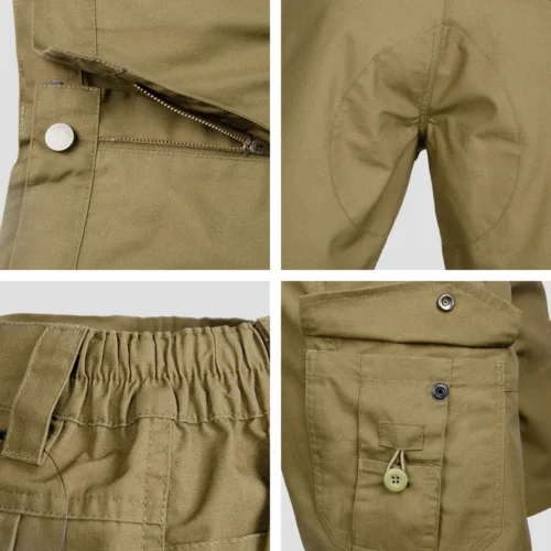 Close-up detail of tactical cargo shorts showing elastic waistband section, secure closure system, and reinforced cargo pocket construction.