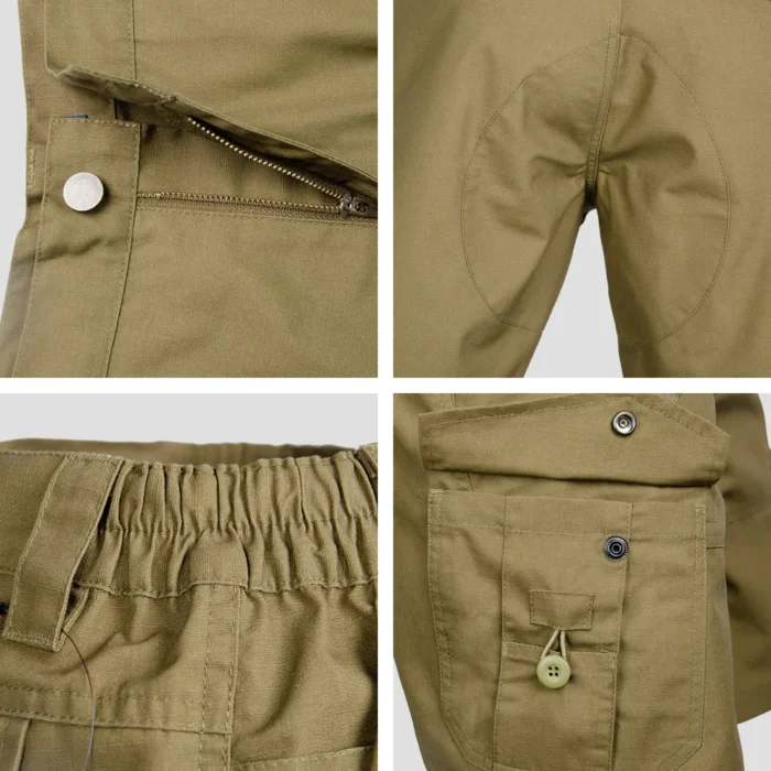 Close-up detail of tactical cargo shorts showing elastic waistband section, secure closure system, and reinforced cargo pocket construction.