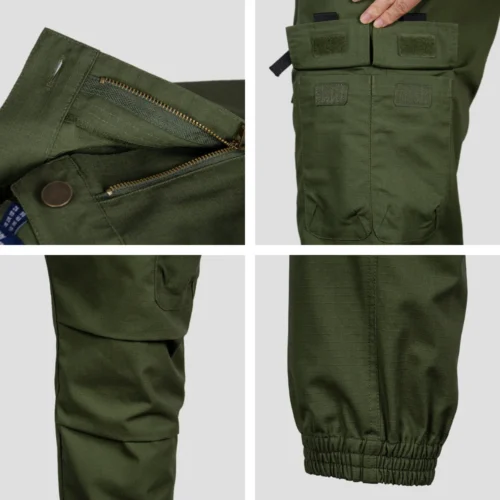 Close-up details of tactical pants showing reinforced stitching, functional cargo pockets, durable fabric texture and secure zipper design for field use.