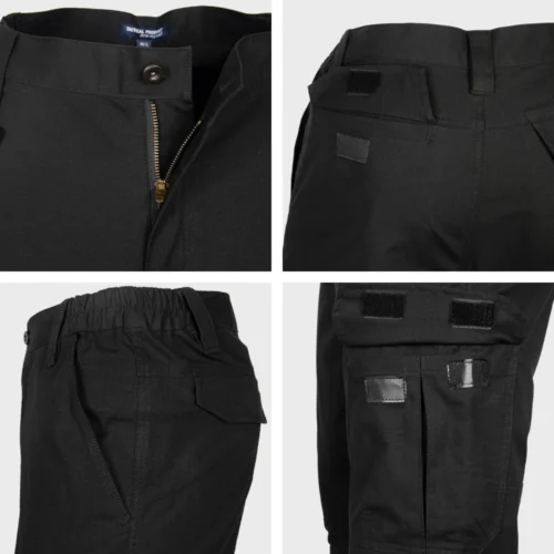 Close-up view of tactical pants details including reinforced stitching, functional cargo pockets, and durable fabric for intensive field use.