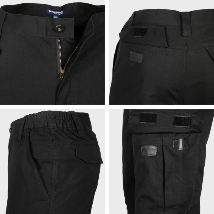 Close-up view of tactical pants details including reinforced stitching, functional cargo pockets, and durable fabric for intensive field use.