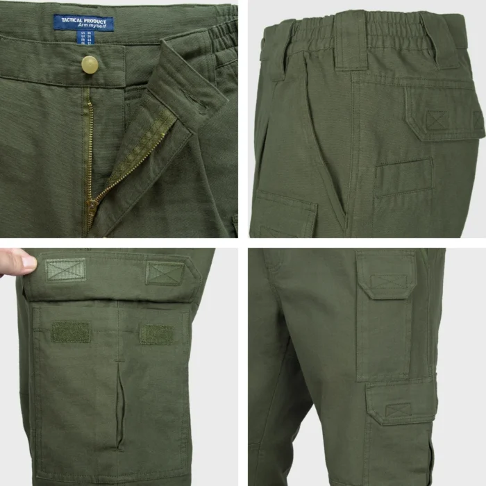 Detail view of tactical casual pants showing durable fabric, smooth zipper closure, and practical pocket construction for daily and outdoor use.