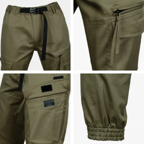 Detail view of tactical casual pants showing adjustable waistband with belt, secure zipper pocket, and elastic cuffs for practical daily and outdoor use.