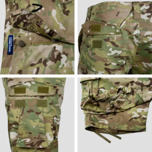 Close-up detail of tactical cargo shorts waist area showing zipper closure, button fastening, and rear pocket with hook-and-loop design.