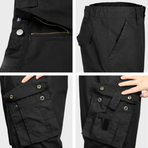 Close-up of tactical cargo shorts waist and zipper area, highlighting secure button closure, reinforced seams, and ergonomic waistband design.