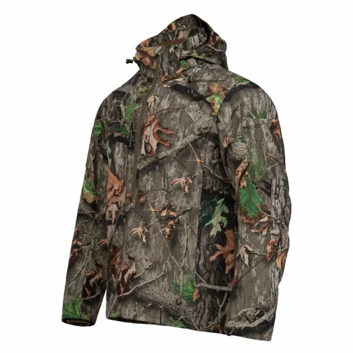 Detailed view of waterproof hunting jacket hood and adjustable hem design, improving weather protection and fit for outdoor hunting and field use.