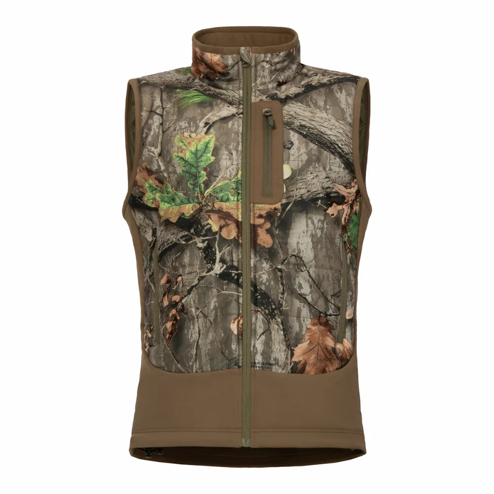 Front view of a camouflage hunting vest with full front zipper, designed for warmth, comfort, and concealment in hunting environments.