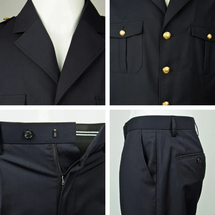 Close-up details of security guard uniform including structured collar, shoulder epaulets, functional pockets and durable zipper.