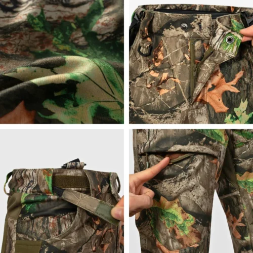 Close-up of softshell fabric used in hunting pants, offering durability, flexibility and low-noise performance for professional hunting apparel.