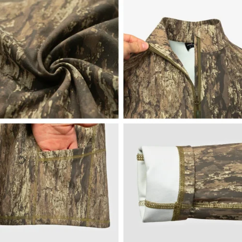 Close-up of hunting shirt fabric highlighting soft, breathable, and lightweight material suitable for long-duration hunting and outdoor wear.
