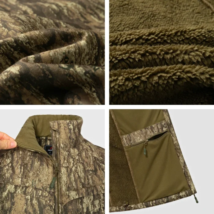 Close-up of hunting vest fabric highlighting soft, silent camouflage material that provides comfort, durability and reduced noise in the field.