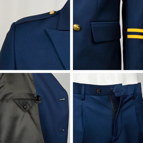 Close-up details of security officer uniform showing metal buttons, epaulettes, inner lining and reinforced tailoring for premium OEM production.