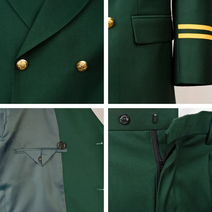 Close up details of security officer uniform jacket including metal buttons, cuff stripes, chest pocket and inner lining, highlighting durable fabric and professional workmanship for OEM production.