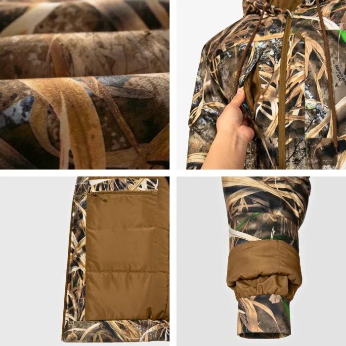 Close up details of hunting jacket including camouflage fabric texture, zipper closure, inner lining and elastic cuffs, emphasizing durability and functional design for outdoor hunting jackets.